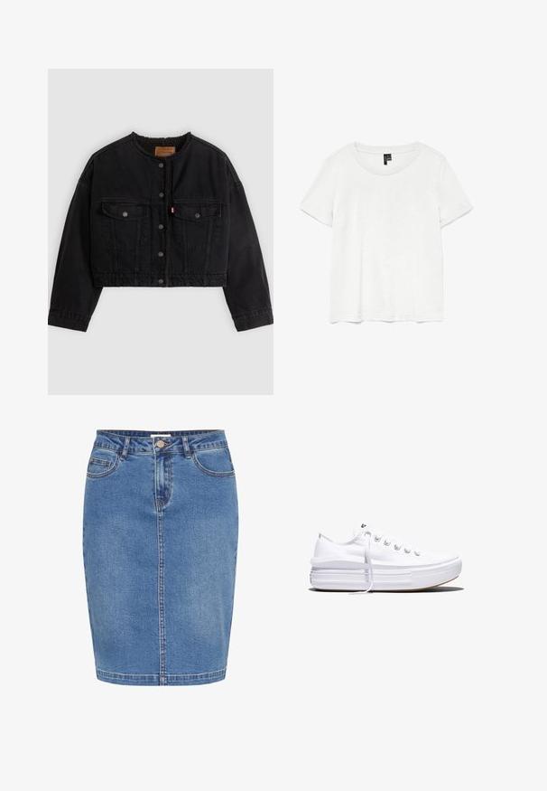 Sort cropped denimjakke med frontknapper, to brystlommer og blødt fleecefor synligt ved kraven og forkanterne.; Hvid kortærmet t-shirt med rund halsudskæring, lavet af letvægtsstof. Enkel design, glat tekstur og lige kant.; Lysblå denimnederdel med tætsiddende design, frontknaplukning, fem lommer og kontrastsyer langs sømmene.; Hvid lavt snørestøvle med tyk plateau-sål, snørelukning foran og gummiforstærket tåkap, set i sideprofil.