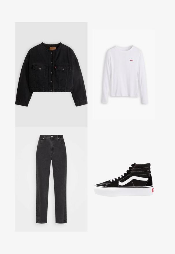 Schwarze kurze Jeansjacke mit vorderen Druckknöpfen, zwei Brusttaschen und weichem Fleecefutter, das am Kragen und an den vorderen Kanten sichtbar ist.; Weißes Langarmhemd aus weicher Baumwolle. Mit kleinem rotem Levi's-Logo auf der linken Brust. Klassisches Rundhals-Design.; Schwarze Denim-Jeans mit geradem Bein, hoher Taille, vorderem Knopf und Reißverschluss sowie fünf Taschen auf weißem Hintergrund.; Schwarze High-Top-Sneaker mit weißen Schnürsenkeln, einem weißen Logo und kontrastierendem weißen Nähten. Verfügt über eine dicke weiße Sohle und ein strukturiertes Wildleder-Obermaterial.