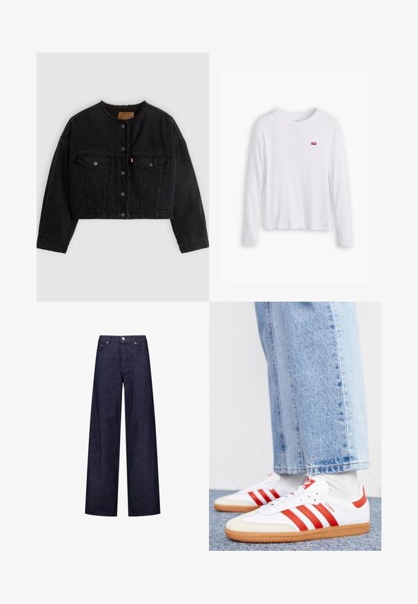 Zwarte korte spijkerjas met drukknoopsluiting aan de voorkant, twee borstzakken en een zachte fleece voering zichtbaar bij de kraag en voorranden.; Witte lange mouwen shirt van zachte katoen. Bevat een klein rood Levi's logo op de linkerborst. Klassiek ronde hals ontwerp.; Brede denim broek met een donkerblauw en wit verticaal gestreept patroon, voorzien van twee voorzakken en een klassieke knoopsluiting.; Witte leren sneakers met rode strepen en accenten. Voorzien van een getextureerde gumrubberen outsole en een gevoerde kraag. Draag ze met lichtblauwe denim.