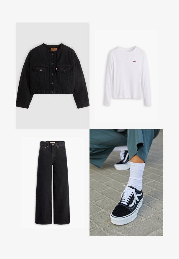 Zwarte korte spijkerjas met drukknoopsluiting aan de voorkant, twee borstzakken en een zachte fleece voering zichtbaar bij de kraag en voorranden.; Witte lange mouwen shirt van zachte katoen. Bevat een klein rood Levi's logo op de linkerborst. Klassiek ronde hals ontwerp.; Zwarte brede jeans gemaakt van denim, met vijf zakken, koperen klinknagels en een klassieke knoopsluiting. Glad van textuur met een strakke uitstraling.; Zwarte suède sneaker met witte accenten en veters, uitgerust met een dikke witte zool en contrasterende stiksels, gecombineerd met een witte sok.