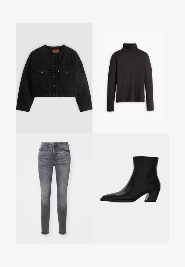Mustast krobitud teksajakk ees kahe trukiga, kahe rinnataskuga ja pehme fliisvoodriga, mis on nähtav krae ja esikülje servadel.; Must mustriga mustrevoli turtleneck särgis, millel on pikad varrukad ja selline kitsas disain. Pehme tekstuur, õrn venivus ja silt alumisel küljel.; Peene teksad helesinise pesuga, millel on kõrge vöökoht, nööpidega sulgemine ja kulunud äär. Valmistatud tekstuursete variationidega denimist.; Must must jalatsid mustast nahast, terava ninaga, stiilne siluett ja jäme ruudukujuline konts. Sile tekstuur, millel on minimaalsed õmblemise detailid.