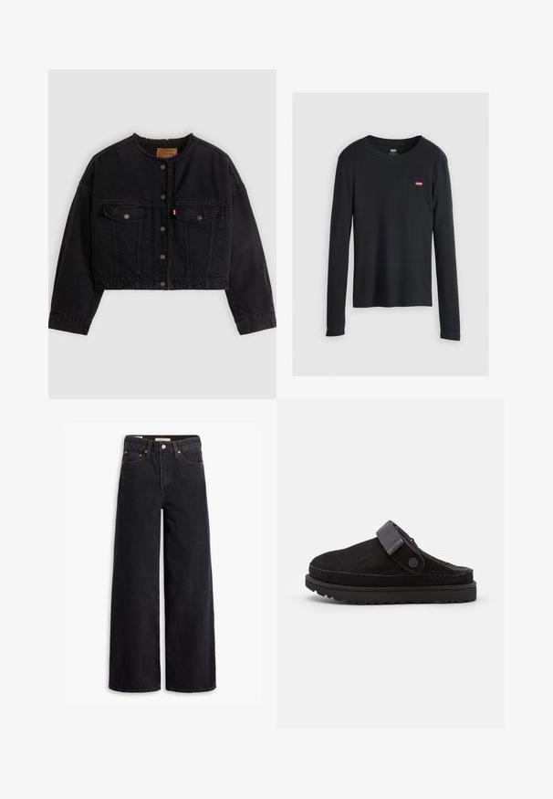 Schwarze kurze Jeansjacke mit vorderen Druckknöpfen, zwei Brusttaschen und weichem Fleecefutter, das am Kragen und an den vorderen Kanten sichtbar ist.; Schwarzes Langarmshirt aus Baumwolle mit Rundhalsausschnitt und kleinem roten Levi's-Logo auf der linken Brustseite. Strukturierter Stoff.; Schwarze weite Jeans aus Denim mit fünf Taschen, Kupferrivets und einem klassischen Knopfverschluss. Glatte Textur mit einem klaren Design.; Schwarze Wildleder-Pantoletten mit runder Zehenpartie, weichem Material, verstellbarem Riemen und dicker Gummisohle mit strukturiertem Profil für besseren Halt.