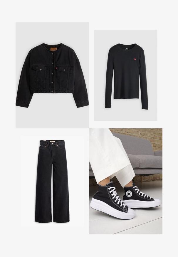Veste courte en denim noir avec boutons pression à l'avant, deux poches poitrine et une doublure polaire douce visible au col et aux bords avant.; T-shirt noir à manches longues en coton, avec un col rond et un petit logo rouge de Levi's sur la partie gauche de la poitrine. Tissu texturé.; Jean noir à jambe large en denim, comportant cinq poches, des rivets en laiton et une fermeture à bouton classique. Texture lisse avec un design épuré.; Baskets montantes noires avec semelles et lacets en caoutchouc blanc. Dotées d'un patch logo rond et de surpiqûres blanches contrastantes. Matière en toile.