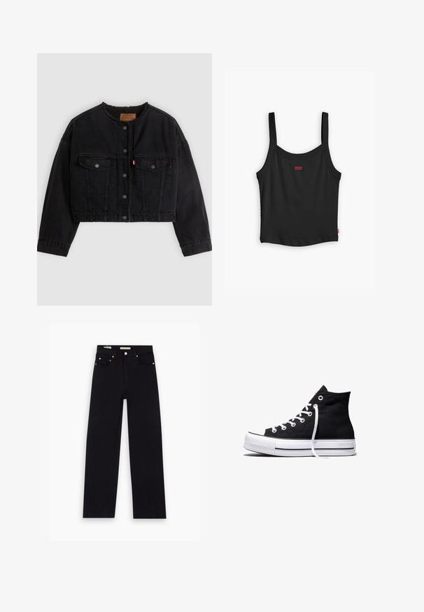 Sort cropped denimjakke med frontknapper, to brystlommer og blødt fleecefor synligt ved kraven og forkanterne.; Sort ribbet tanktop med tynde stropper, med et lille rødt Levi's-logo i midten foran og en lige nederste kant.; Sorte denim jeans med lige pasform, fem lommer, kobberdetaljer og en glat tekstur. To mærker synlige på taljebåndet.; Sort high-top canvas sneaker med hvid gummisål og hvide snørebånd, vist fra siden mod en hvid baggrund.