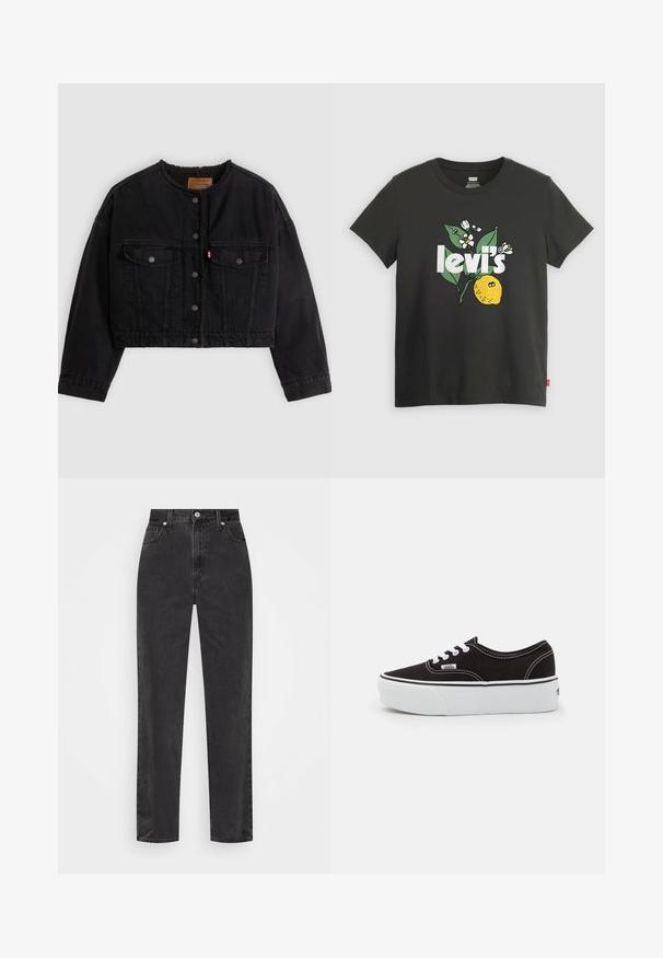Zwarte korte spijkerjas met drukknoopsluiting aan de voorkant, twee borstzakken en een zachte fleece voering zichtbaar bij de kraag en voorranden.; Zwarte katoenen T-shirt met een citroenen graphic, witte tekst met "levi's" en bloemenaccenten in groen en wit. Korte mouwen, ronde hals.; Zwarte denim jeans met rechte pijpen en hoge taille, met een knoop en rits aan de voorkant en vijf zakken, op een witte achtergrond.; Zwarte canvas sneaker met een witte rubberen platformzool, voorzien van witte veters en stiksels, iconische branding op de zijkant, low-top ontwerp.