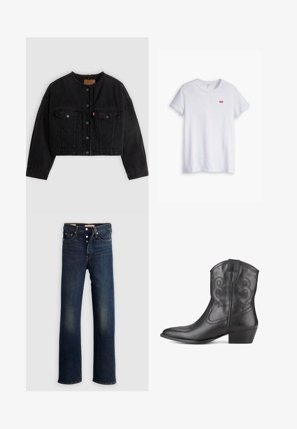 Schwarze kurze Jeansjacke mit vorderen Druckknöpfen, zwei Brusttaschen und weichem Fleecefutter, das am Kragen und an den vorderen Kanten sichtbar ist.; Weißes Baumwoll-T-Shirt mit kurzen Ärmeln und rundem Ausschnitt. Besitzt ein kleines rotes Levi's-Logo auf der linken Brustseite.; Dunkelblaue Jeans aus Denim mit geradem Bein, fünf Taschen, Knopfverschluss und dezenten Verwaschungen an den Oberschenkeln. Klassische Nahtdetails.; Schwarze Leder-Cowboy-Stiefel mit spitzem Zehenbereich, dekorativer Stickerei am Schaft und einem geschichteten Absatz. Glatte Textur und keine sichtbaren Beschläge.