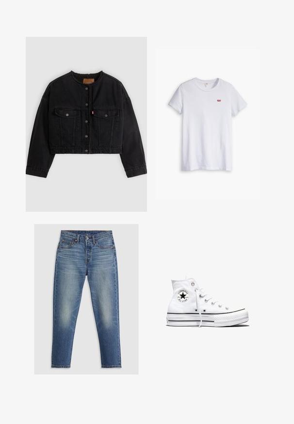 Sort cropped denimjakke med frontknapper, to brystlommer og blødt fleecefor synligt ved kraven og forkanterne.; Hvid bomulds t-shirt med korte ærmer og rund halsudskæring. Har et lille rødt Levi's-logo på venstre brystområde.; Lyseblå denim jeans med lige pasform, fem lommer, knaplukning og diskret falming på lårene. Kontraststing er synlige.; Hvid højtop Converse Chuck Taylor All Star-sneaker med sort logo-patch og hvide snørebånd, vist på hvid baggrund.