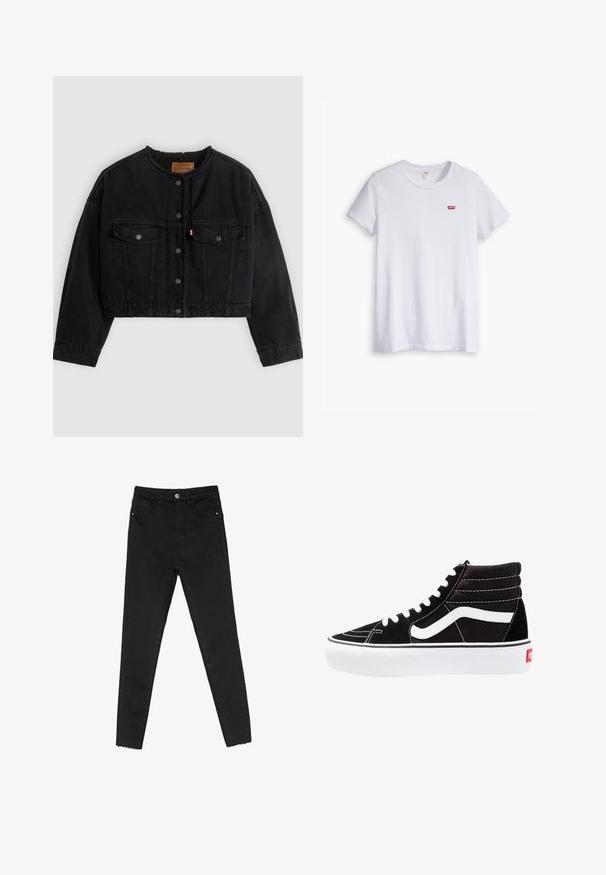 Sort cropped denimjakke med frontknapper, to brystlommer og blødt fleecefor synligt ved kraven og forkanterne.; Hvid bomulds t-shirt med korte ærmer og rund halsudskæring. Har et lille rødt Levi's-logo på venstre brystområde.; Sorte skinny jeans lavet af denim, med høj talje, fem-lomme design og rå kant ved anklerne. Klassisk knap- og lynlåslukning.; Sorte høj-top sneakers med hvide snørebånd, et hvidt logo og kontrasterende hvid syning. Har en tyk hvid sål og struktureret ruskindsoverdel.