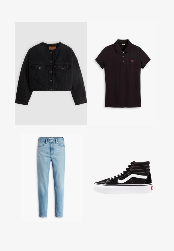 Schwarze kurze Jeansjacke mit vorderen Druckknöpfen, zwei Brusttaschen und weichem Fleecefutter, das am Kragen und an den vorderen Kanten sichtbar ist.; Schwarzes Polohemd aus Baumwolle, mit Kragen, kurzen Ärmeln und einer Knopfleiste mit drei Knöpfen. Rotes Levi's-Logo auf der linken Brust.; Helle blaue, hoch geschnittene Jeans mit Fronttaschen, Gürtelschlaufen, Knopfverschluss und schmal zulaufenden Beinen vor einem weißen Hintergrund.; Schwarze High-Top-Sneaker mit weißen Schnürsenkeln, einem weißen Logo und kontrastierendem weißen Nähten. Verfügt über eine dicke weiße Sohle und ein strukturiertes Wildleder-Obermaterial.