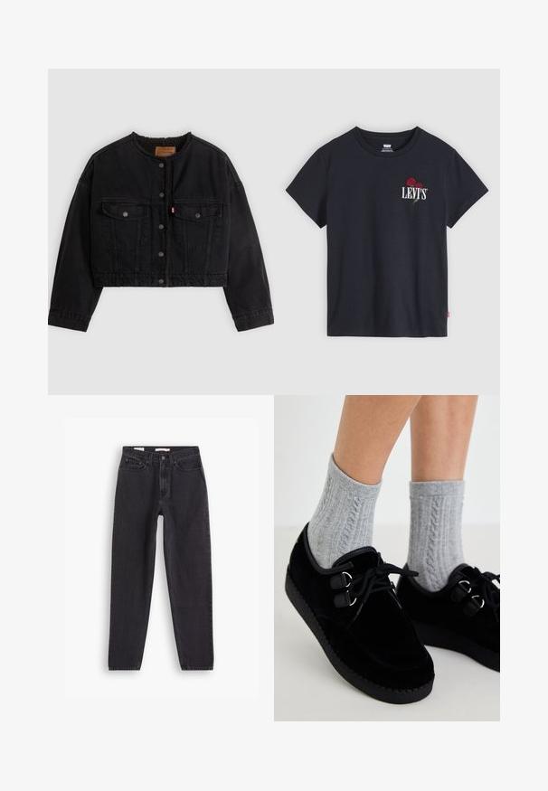Schwarze kurze Jeansjacke mit vorderen Druckknöpfen, zwei Brusttaschen und weichem Fleecefutter, das am Kragen und an den vorderen Kanten sichtbar ist.; Schwarzes T-Shirt mit kurzen Ärmeln und Rundhalsausschnitt, mit weißem „"LEVI'S"“-Text und zwei roten Rosen, die auf der linken Brust gestickt sind.; Schwarze Denim-Jeans mit geradem Bein, ausgestattet mit fünf Taschen, vorderer Knopfleiste und genähten Details entlang der Nähte.; Schwarze Samt-Schuhe mit flachen Sohlen, runder Zehenform und doppelten Ösen. Getragen mit grauen, grob gestrickten Socken. Glatte Textur und schlichtes Design.