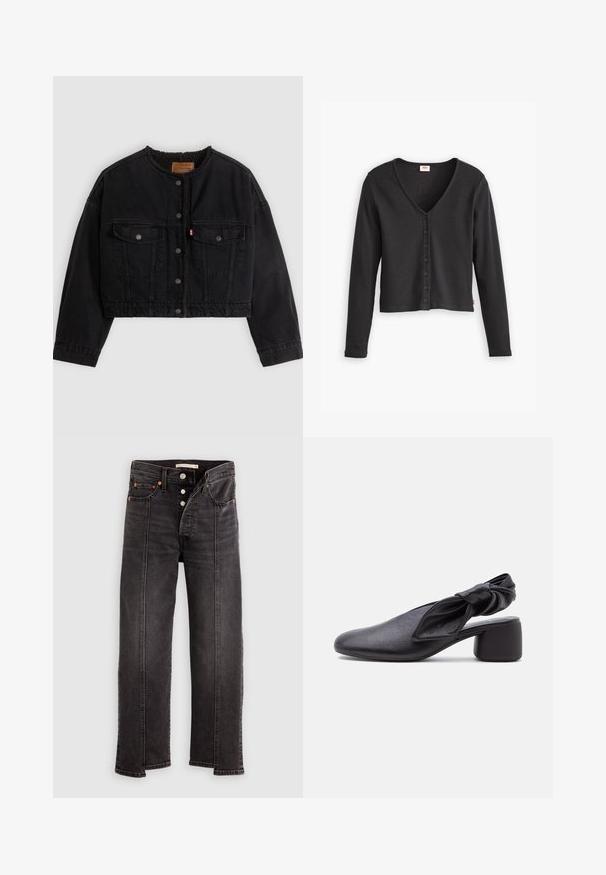 Veste courte en denim noir avec boutons pression à l'avant, deux poches poitrine et une doublure polaire douce visible au col et aux bords avant.; Cardigan noir à côtes avec manches longues, décolleté en V et fermeture à six boutons à l'avant. Fabriqué en tissu texturé doux.; Jean noir taille haute à jambes droites avec fermeture à boutons, poches avant et détail de couture verticale visible le long de chaque jambe.; Chaussure slingback en cuir noir avec bout arrondi, détail de bride nouée et petit talon carré sur fond blanc.