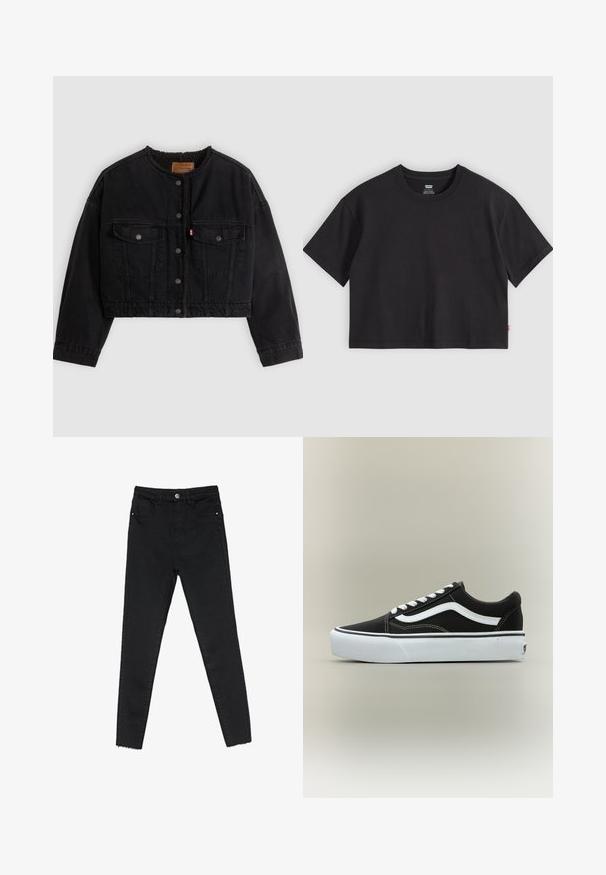 Schwarze kurze Jeansjacke mit vorderen Druckknöpfen, zwei Brusttaschen und weichem Fleecefutter, das am Kragen und an den vorderen Kanten sichtbar ist.; Schwarzes, kurzärmeliges T-Shirt mit Rundhalsausschnitt und kleinem roten Levi's-Label an der Seitennaht, flach auf einem hellgrauen Hintergrund liegend.; Schwarze enge Jeans aus Denim mit hoher Taille, Fünf-Taschen-Design und rohem Saum an den Knöcheln. Klassischer Knopf- und Reißverschluss.; Niedriger schwarzer Sneaker mit weißem Seitenstreifen, weißen Schnürsenkeln, weißer Gummisohle und strukturierter Zehenkappe auf neutralem Hintergrund.