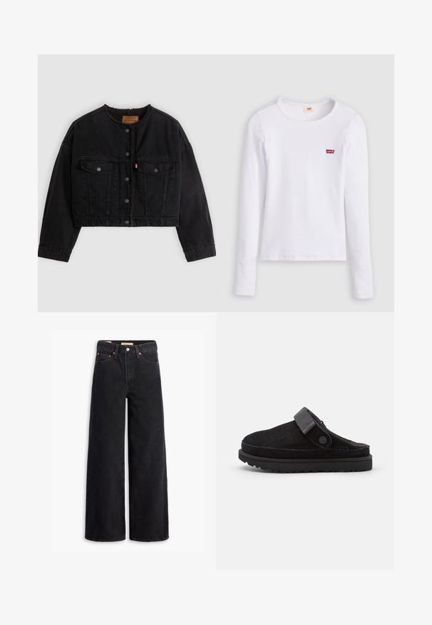 Sort cropped denimjakke med frontknapper, to brystlommer og blødt fleecefor synligt ved kraven og forkanterne.; Hvid Levi's langærmet skjorte med rund halsudskæring og lille rødt Levi's-logo på venstre bryst, vist på en ensfarvet baggrund.; Sorte brede benjeans lavet af denim, med fem lommer, kobbernitter og en klassisk knaplukning. Glat tekstur med et rent design.; Sorte ruskindssandaler med rund tå, blød tekstur, justerbar rem og en tyk gummisål med mønstret slidbane for godt greb.