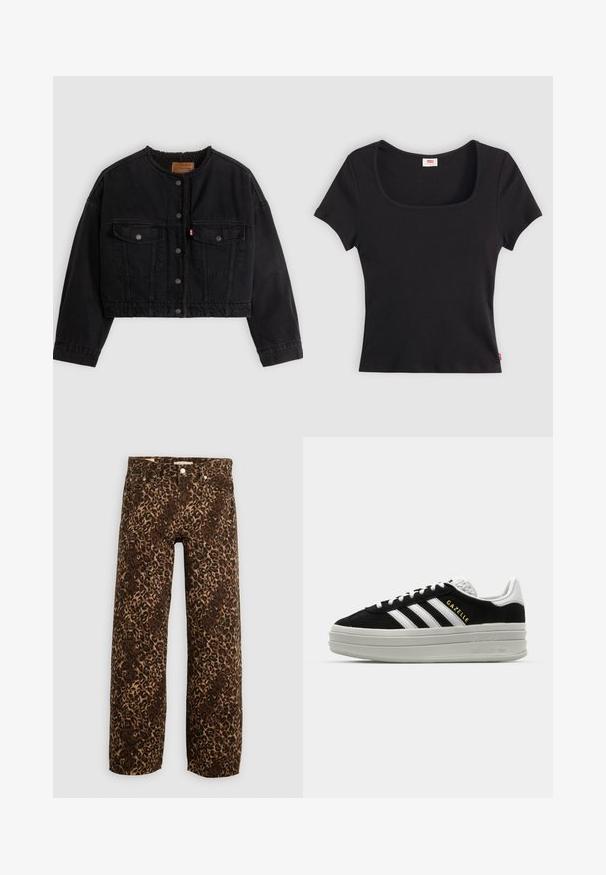 Schwarze kurze Jeansjacke mit vorderen Druckknöpfen, zwei Brusttaschen und weichem Fleecefutter, das am Kragen und an den vorderen Kanten sichtbar ist.; Schwarzes Kurzarmoberteil aus rippenförmigem Stoff, mit einem breiten quadratischen Ausschnitt und einer figurnahen Passform, versehen mit einem kleinen roten Logotag am Saum.; Leopardenmusterweite Beinhosen in Braun und Beige. Hergestellt aus Denim, mit einem klassischen Fünf-Taschen-Design und Metallbeschlägen.; Schwarze Wildleder-Sneaker mit weißen Lederakzenten, drei weißen Streifen, flachen Schnürsenkeln und einer dicken grauen Plateausohle. Goldenes "Gazelle"-Branding.