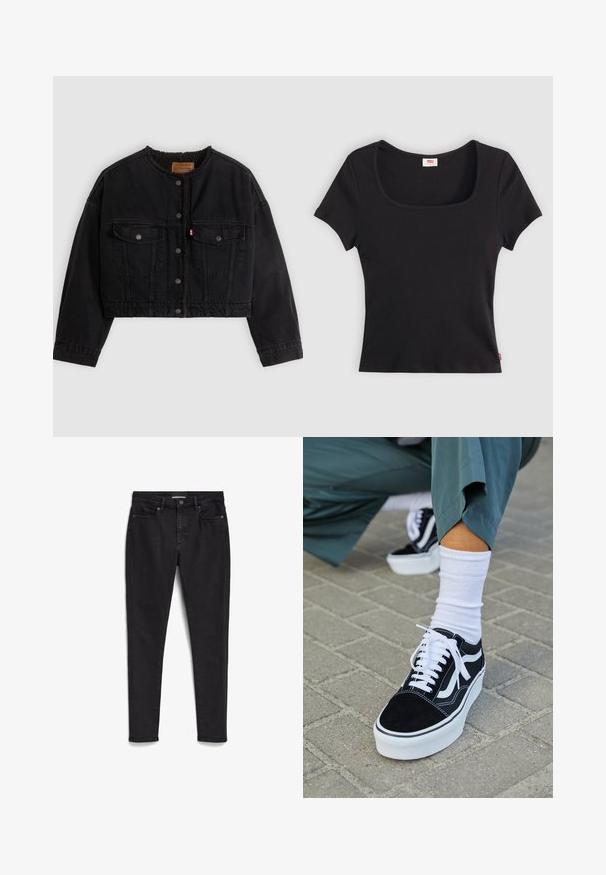 Schwarze kurze Jeansjacke mit vorderen Druckknöpfen, zwei Brusttaschen und weichem Fleecefutter, das am Kragen und an den vorderen Kanten sichtbar ist.; Schwarzes Kurzarmoberteil aus rippenförmigem Stoff, mit einem breiten quadratischen Ausschnitt und einer figurnahen Passform, versehen mit einem kleinen roten Logotag am Saum.; Schwarze, schmale Jeans aus Denim; Fünf-Taschen-Design mit Reißverschluss und Knopfverschluss. Verfügt über eine subtile Textur und eine saubere, minimalistische Nahtführung.; Schwarze Wildledersneaker mit weißen Akzenten und Schnürsenkeln, ausgestattet mit einer dicken weißen Sohle und kontrastierenden Nähten, kombiniert mit einer weißen Socke.