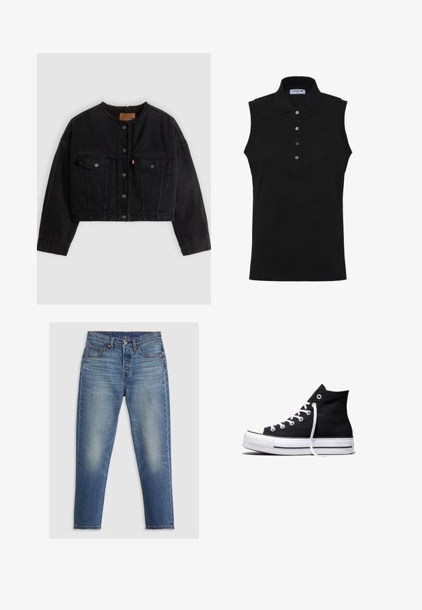 Zwarte korte spijkerjas met drukknoopsluiting aan de voorkant, twee borstzakken en een zachte fleece voering zichtbaar bij de kraag en voorranden.; Zwarte mouwloze polo-shirt van geweven stof; voorzien van een kraag, een placket met vier knopen en een klein geborduurd logo op de borst.; Lichtblauwe denim jeans met een rechte snit, vijf zakken, knoopsluiting en subtiele vervagingen op de dijen. Contraststiksel zichtbaar.; Zwarte hooggesloten canvas sneaker met witte rubberen zool en witte veters, zijwaarts weergegeven op een witte achtergrond.