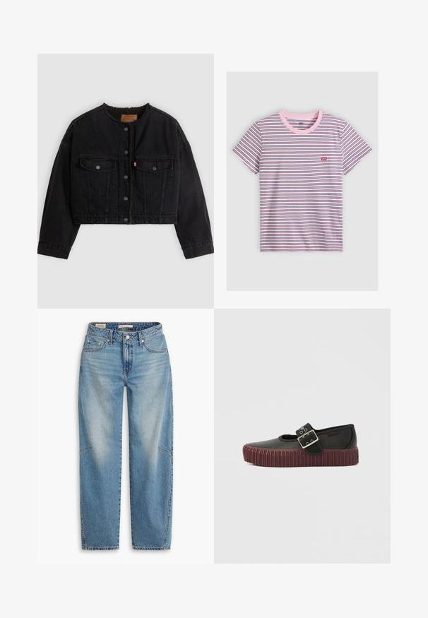 Zwarte korte spijkerjas met drukknoopsluiting aan de voorkant, twee borstzakken en een zachte fleece voering zichtbaar bij de kraag en voorranden.; T-shirt met korte mouwen en ronde hals met dunne horizontale strepen in wit, roze, zwart en blauw, met een klein rood Levi's-logo op de borst.; Lichtblauwe spijkerbroek van denim met een losse pasvorm, rechte pijpen, een knoopsluiting en vijf zakken, voorzien van subtiele vervaging en stikseldetails.; Zwarte instapschoen met een afgerond ontwerp, voorzien van een opvallende gesp en een geribbelde bordeauxrode buitenzool. Gladde lederen textuur.