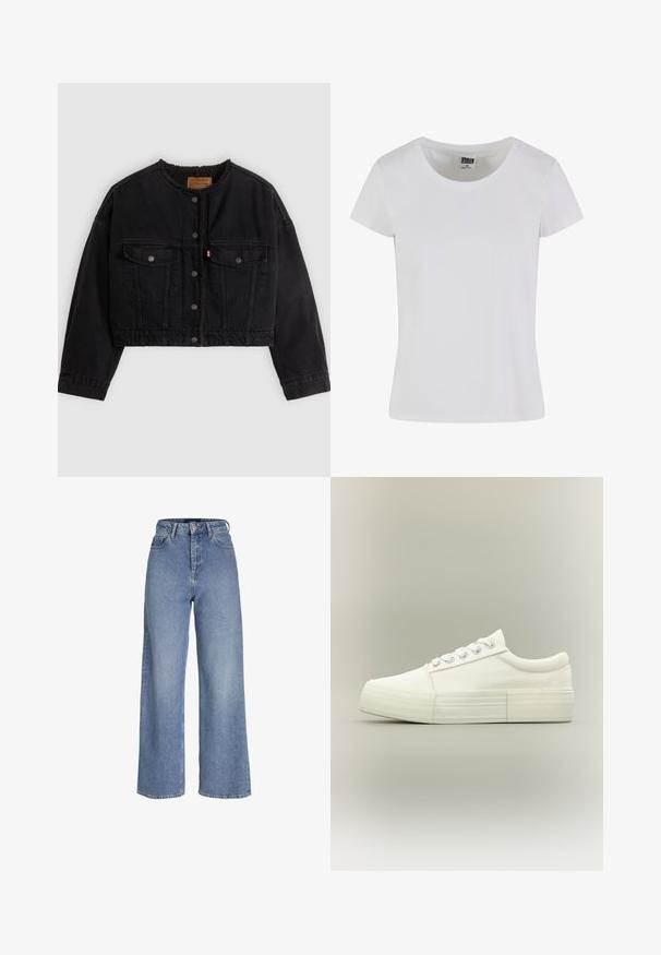Veste courte en denim noir avec boutons pression à l'avant, deux poches poitrine et une doublure polaire douce visible au col et aux bords avant.; T-shirt blanc à manches courtes en coton. Il présente une encolure arrondie et une coupe cintrée. L'étiquette indique "URBAN CLASSICS".; Jean en denim bleu clair taille haute avec jambes larges, fermeture avant par bouton et zip, et design cinq poches.; Baskets basses blanches avec semelle épaisse, œillets métalliques et lacets, montrées de profil sur un fond clair uni.