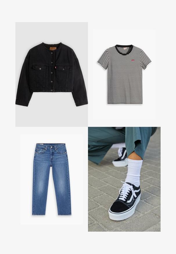 Veste courte en denim noir avec boutons pression à l'avant, deux poches poitrine et une doublure polaire douce visible au col et aux bords avant.; T-shirt à rayures noires et blanches en coton. Il présente un col rond et un petit logo rouge Levi's sur la poitrine. Manches courtes.; Jean droit taille haute bleu avec bouton avant, fermeture éclair et design à cinq poches, présenté à plat sur un fond blanc.; Baskets en suède noir avec des accents et des lacets blancs, présentant une épaisse semelle blanche et des coutures contrastantes, associées à une chaussette blanche.