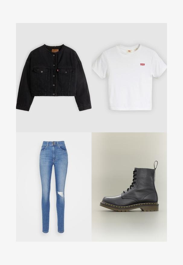 Veste courte en denim noir avec boutons pression à l'avant, deux poches poitrine et une doublure polaire douce visible au col et aux bords avant.; T-shirt blanc à manches courtes avec col rond et petit logo rouge Levi's sur la poitrine gauche.; Jean bleu taille haute dans un lavage moyen, avec une coupe slim, genou déchiré avec une déchirure, design standard à cinq poches et fermeture éclair.; Botte de combat en cuir noir avec 8 œillets, semelle en caoutchouc, couture jaune et une languette à l'arrière. Présente une tige texturée.