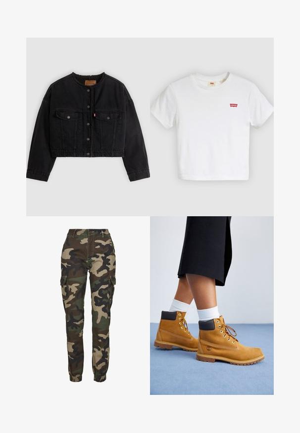 Sort cropped denimjakke med frontknapper, to brystlommer og blødt fleecefor synligt ved kraven og forkanterne.; Hvid T-shirt med korte ærmer og rund halsudskæring med lille rødt Levi's-logo på venstre bryst.; Kamuflage cargo bukser i nuancer af grøn, brun og sort; har elastiske manchetter, sidelommer og en sikker knaplukning.; Tan ruskindsankelstøvler med brune læderdetaljer, guldøjer og en struktureret sål. Hvide sokker synlige over støvlerne.