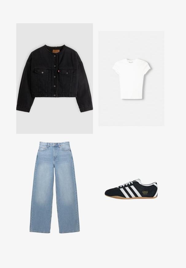 Sort cropped denimjakke med frontknapper, to brystlommer og blødt fleecefor synligt ved kraven og forkanterne.; Hvid kortærmet t-shirt lavet af blød bomuld, med rund halsudskæring og en tætsiddende form. Ingen synlige mønstre eller udsmykninger.; Lysblå, brede jeans lavet af denim. Har høj talje, forlommer og knaplukning. Glat tekstur med diskret udtoning.; Sort ruskinds sneaker med hvide tre striber, guldlogo og en brun gummisål. Har et lavprofil snørebåndsdesign.
