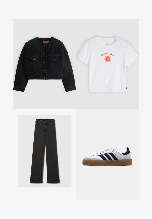 Zwarte korte spijkerjas met drukknoopsluiting aan de voorkant, twee borstzakken en een zachte fleece voering zichtbaar bij de kraag en voorranden.; Witte korte mouw t-shirt met een afbeelding van toast met rode jam erop gesmeerd en daarboven de tekst "LET'S JAM" in rode letters.; Zwarte high-waisted straight-leg jeans met vijf zakken en koperen klinknagels, plat gelegd op een lichtgrijze achtergrond.; Witte leren sneakers met zwarte strepen, gumrubberen buitenzool, ronde neus, vetersluiting en een zachte grijze suède neuskap.