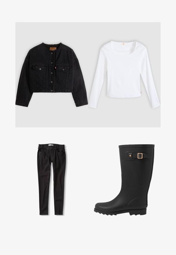 Black cropped denim jacket with front snap buttons, two chest pockets, and soft fleece lining visible at collar and front edges.; White long-sleeve t-shirt made of ribbed fabric, featuring a square neckline and fitted design, with a small logo tag on the side.; Black denim jeans with a straight fit, featuring a standard waistband, belt loops, and two front pockets. Smooth texture, minimal hardware.; Black rubber rain boot with a rounded toe, textured sole, and a side strap detail with a gold buckle accent.