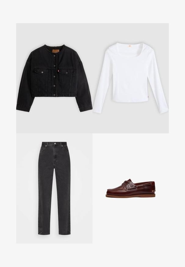 Schwarze kurze Jeansjacke mit vorderen Druckknöpfen, zwei Brusttaschen und weichem Fleecefutter, das am Kragen und an den vorderen Kanten sichtbar ist.; Weißes Langarm-T-Shirt aus Rippstoff mit quadratischem Ausschnitt und figurbetontem Schnitt, mit einem kleinen Logobändchen an der Seite.; Schwarze Denim-Jeans mit geradem Bein, hoher Taille, vorderem Knopf und Reißverschluss sowie fünf Taschen auf weißem Hintergrund.; Brauner Leder-Bootsschuh mit Schnürsenkeln, Nahtdetails und Timberland-Logo an der Seite, auf weißem Hintergrund gezeigt.