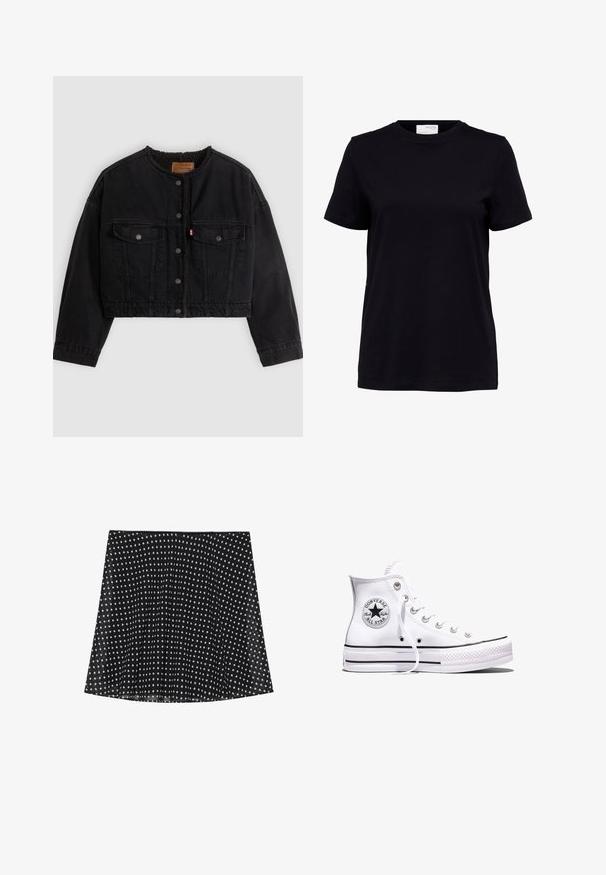 Veste courte en denim noir avec boutons pression à l'avant, deux poches poitrine et une doublure polaire douce visible au col et aux bords avant.; T-shirt noir à manches courtes avec col rond, ourlet droit et une étiquette blanche à l’arrière à l’intérieur du col.; Jupe noire à pois blancs, avec des plis et une texture lisse. Elle a un ourlet arrondi et un design de ceinture simple.; Baskets blanches montantes Converse Chuck Taylor All Star avec des rayures noires et un patch logo sur le côté, présentées sur un fond blanc uni.