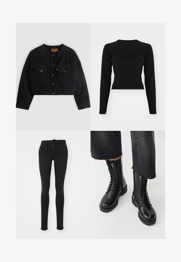 Veste courte en denim noir avec boutons pression à l'avant, deux poches poitrine et une doublure polaire douce visible au col et aux bords avant.; Crop top noir à manches longues avec un col rond et des manches raglan. Texture lisse, design minimaliste et sans motifs ni éléments métalliques visibles.; Jean skinny noir en denim avec taille haute, cinq poches, fermeture éclair à l'avant et texture lisse.; Bottines noires à cheville avec une finition en cuir lisse, un laçage à l'avant et une fermeture éclair sur le côté. La semelle épaisse et les œillets détaillés ajoutent de la texture.
