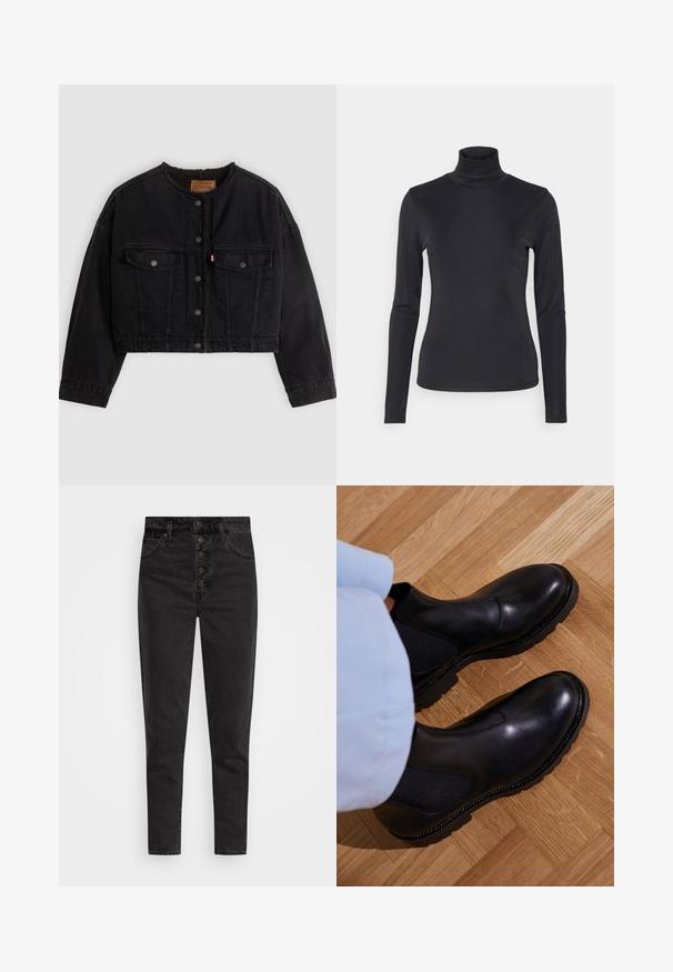 Sort cropped denimjakke med frontknapper, to brystlommer og blødt fleecefor synligt ved kraven og forkanterne.; Sort turtleneck langærmet top lavet af et glat, strækbart stof. Har et tætsiddende design og en høj krave. Minimalistisk stil, ingen synlige mønstre.; Højtaljede sorte denimjeans med knaplukning, fem lommer og slim fit. Glat tekstur med minimal falmet og uden udsmykninger.; Sorte ankelstøvler lavet af glat læder med elastiske sidepaneler, en tekstureret gummisål og kontraststing langs kanten.