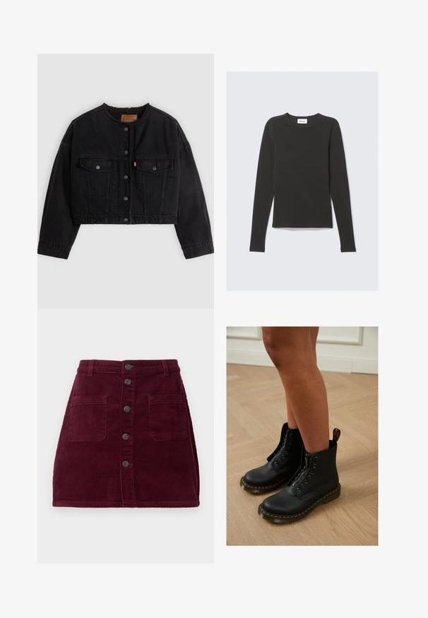 Sort cropped denimjakke med frontknapper, to brystlommer og blødt fleecefor synligt ved kraven og forkanterne.; Sort langærmet t-shirt med rund hals og slank pasform, lagt fladt på en lys grå baggrund.; Burgunderfarvet kordfløjlsskjorte med høj talje, fem frontknapper og to forlommer; tekstureret stof med lodret ribbede mønster.; Sorte læder ankelstøvler med lynlås og snøredesign, der har gule stikninger og en tyk, struktureret sål.