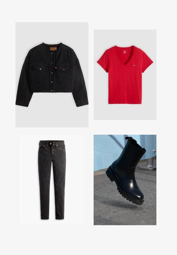 Sort cropped denimjakke med frontknapper, to brystlommer og blødt fleecefor synligt ved kraven og forkanterne.; Rød kortærmet V-hals Levi's t-shirt med et lille logo mærkat på venstre bryst, lagt fladt på en lys grå baggrund.; Sorte denim jeans med lige ben, der har fem lommer, kobberhardware og en let slidte måde.; Sort ankelstøvle i læder med elastiske sidepaneler, rund tå og en tyk, tekstureret sål. Glat finish med et minimalistisk design.