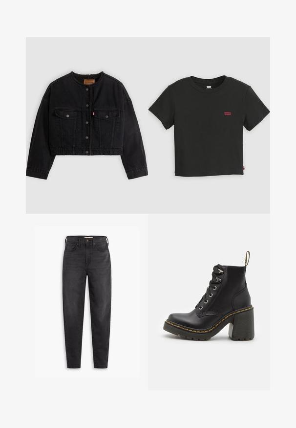 Schwarze kurze Jeansjacke mit vorderen Druckknöpfen, zwei Brusttaschen und weichem Fleecefutter, das am Kragen und an den vorderen Kanten sichtbar ist.; Schwarzes, kurzärmeliges, kurzes Levi's T-Shirt mit Rundhalsausschnitt und kleinem rotem Levi's-Logo auf der linken Brust.; Schwarze hochgeschnittene Slim-Fit-Jeans mit Vorder- und Gesäßtaschen, Knopfverschluss und Gürtelschlaufen, auf einem weißen Hintergrund präsentiert.; Schwarze Lederstiefelette mit einem klobigen hohen Absatz, Schnürung vorne, metallischen Ösen und gelben Nähten entlang der Sohle. Strukturierten Gummiaußensohle.