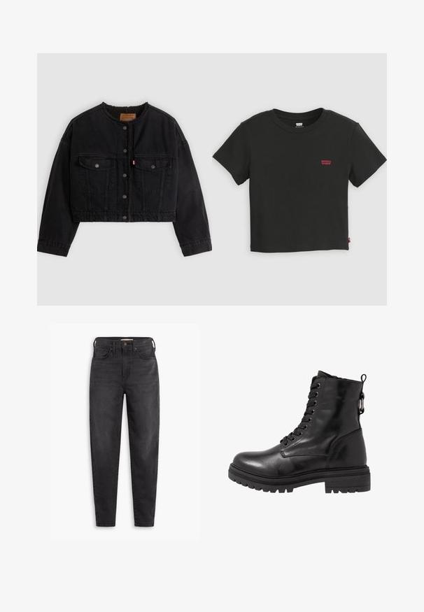 Zwarte korte spijkerjas met drukknoopsluiting aan de voorkant, twee borstzakken en een zachte fleece voering zichtbaar bij de kraag en voorranden.; Zwart Levi's cropped T-shirt met korte mouwen, ronde hals en klein rood Levi's-logo op de linkerborst.; Zwarte hoog-taille slim-fit jeans met voor- en achterzakken, knoopsluiting en riemlussen, weergegeven op een witte achtergrond.; Zwarte leren enkelboot met ronde neus, vetersluiting aan de voorkant en een getextureerde rubberen zool. Hij heeft een lus aan de achterkant en versterkte stiksels.