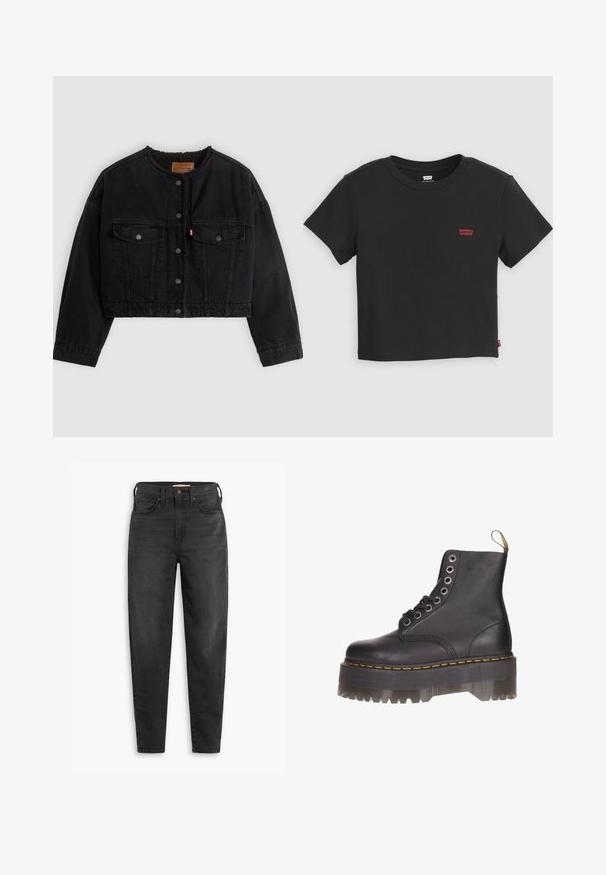 Zwarte korte spijkerjas met drukknoopsluiting aan de voorkant, twee borstzakken en een zachte fleece voering zichtbaar bij de kraag en voorranden.; Zwart Levi's cropped T-shirt met korte mouwen, ronde hals en klein rood Levi's-logo op de linkerborst.; Zwarte hoog-taille slim-fit jeans met voor- en achterzakken, knoopsluiting en riemlussen, weergegeven op een witte achtergrond.; Zwarte lederen enkellaars met zes-oogsluiting, gele stiksels en een transparante plateauzool met een gekartelde rand.