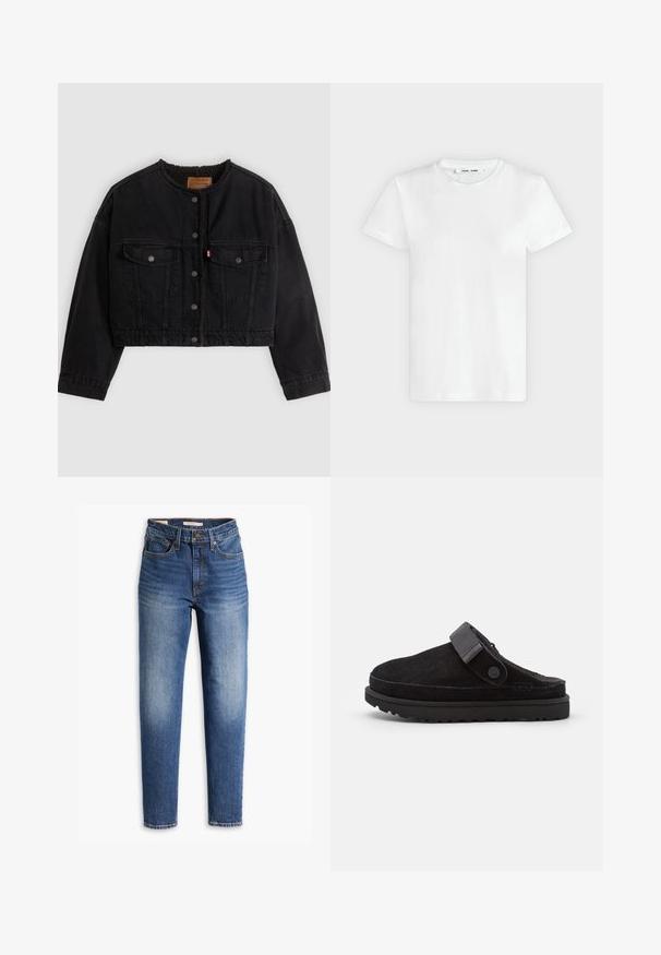 Sort cropped denimjakke med frontknapper, to brystlommer og blødt fleecefor synligt ved kraven og forkanterne.; En simpel hvid T-shirt med korte ærmer og rund hals lagt fladt på en lys grå baggrund, hvor forsiden med label inde i halsen vises.; Blå denim jeans med lige ben, høj talje, forlommer og en slidt finish nær lårene for et brugt udseende.; Sorte ruskindssandaler med rund tå, blød tekstur, justerbar rem og en tyk gummisål med mønstret slidbane for godt greb.