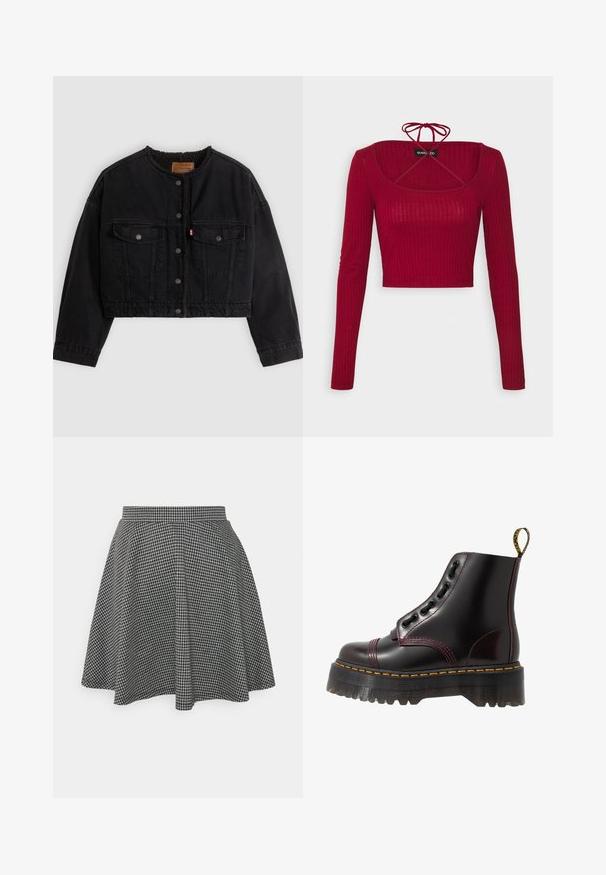 Chaqueta corta de mezclilla negra con botones a presión en la parte frontal, dos bolsillos en el pecho y forro suave de forro polar visible en el cuello y los bordes delanteros.; Even&Odd Camiseta de manga larga - bordeaux; Falda de patinadora a cuadros en blanco y negro con cintura ajustada y dobladillo acampanado, hecha de una tela texturizada que muestra un patrón clásico.; Dr. Martens SINCLAIR - Botines con plataforma - cherry red arcadia