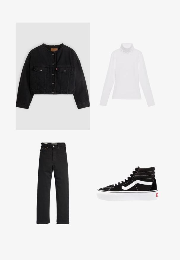 Schwarze kurze Jeansjacke mit vorderen Druckknöpfen, zwei Brusttaschen und weichem Fleecefutter, das am Kragen und an den vorderen Kanten sichtbar ist.; Weißes Langarm-Turtleneck-Oberteil aus glattem, elastischem Stoff. Mit hohem Kragen und tailliertem Schnitt, ohne sichtbare Muster oder Verzierungen.; Schwarze Denim-Jeans mit geradem Bein, hoher Taille, fünf Taschen, Metallknopfverschluss und minimalen Stitching-Details.; Schwarze High-Top-Sneaker mit weißen Schnürsenkeln, einem weißen Logo und kontrastierendem weißen Nähten. Verfügt über eine dicke weiße Sohle und ein strukturiertes Wildleder-Obermaterial.