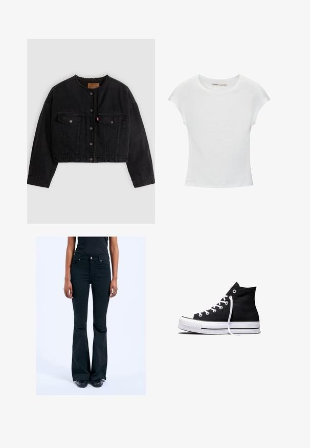 Sort cropped denimjakke med frontknapper, to brystlommer og blødt fleecefor synligt ved kraven og forkanterne.; Hvid bomuld t-shirt med korte, opsmøgede ærmer, rund halsudskæring og lige kant. Glat tekstur uden synlige mønstre eller detaljer.; Sorte flagrende jeans med høj talje, for- og baglommer samt en glat stofstruktur. Har en frontlukning med knap og lynlås.; Sort high-top canvas sneaker med hvid gummisål og hvide snørebånd, vist fra siden mod en hvid baggrund.