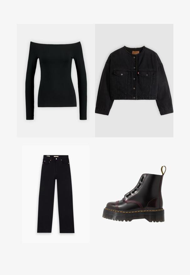 Veste courte en denim noir avec boutons pression à l'avant, deux poches poitrine et une doublure polaire douce visible au col et aux bords avant.; Haut noir à manches longues avec un design dénudé d'une épaule. Fabriqué en tissu lisse, il présente une coupe ajustée et une construction sans couture.; Jean en denim noir avec une coupe droite, cinq poches, matériel en cuivre et texture lisse. Deux étiquettes visibles sur la taille.; Dr. Martens SINCLAIR - Bottines à plateau - cherry red arcadia