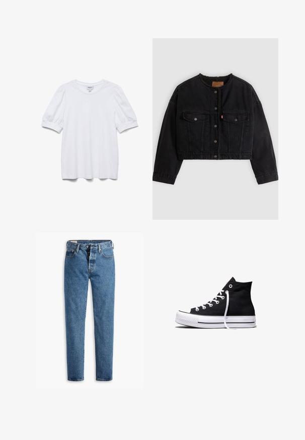 Sort cropped denimjakke med frontknapper, to brystlommer og blødt fleecefor synligt ved kraven og forkanterne.; Hvid kortærmet top med rund halsudskæring og puffede ærmer. Lavet af glat stof, med et mærke mærket "AWARE."; Lysblå denimjeans med lige pasform, fem lommer og standard knaplukning. Har orange søm og en let falmet tekstur.; Sort high-top canvas sneaker med hvid gummisål og hvide snørebånd, vist fra siden mod en hvid baggrund.