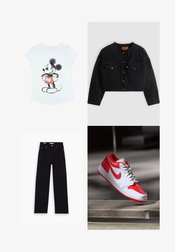 Sort cropped denimjakke med frontknapper, to brystlommer og blødt fleecefor synligt ved kraven og forkanterne.; Hvid t-shirt med korte ærmer, der har et grafisk motiv af Mickey Mouse, illustreret i sort og rød med overdimensionerede ører og runde sko.; Sorte denim jeans med lige pasform, fem lommer, kobberdetaljer og en glat tekstur. To mærker synlige på taljebåndet.; Hvide og røde Nike Air Jordan sneakers svævende i luften over en stenbænk med en sløret, skyggefuld baggrund.