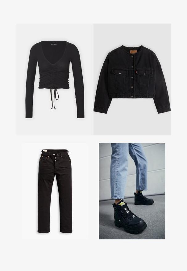 Veste courte en denim noir avec boutons pression à l'avant, deux poches poitrine et une doublure polaire douce visible au col et aux bords avant.; Top court à manches longues noir avec des côtes, présentant un décolleté en V profond, des détails froncés à l'avant et un lien ajustable à l'ourlet.; Jean noir à jambe droite avec fermeture à boutons, poches avant et arrière, et détails en rivets cuivrés sur fond blanc.; Baskets montantes noires avec une semelle épaisse, arborant un design à lacets, des accents de logo et des étiquettes jaunes. Portées avec un jean court bleu clair.