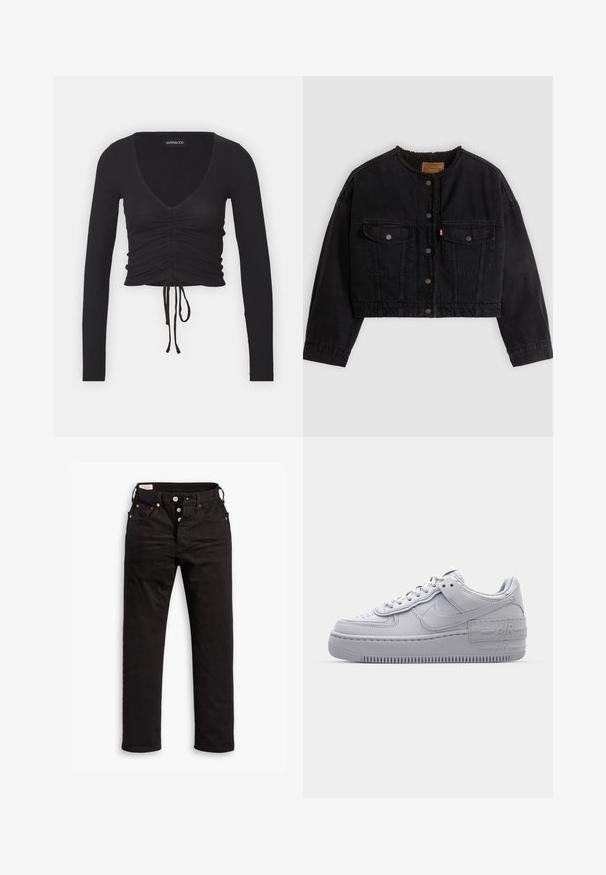 Veste courte en denim noir avec boutons pression à l'avant, deux poches poitrine et une doublure polaire douce visible au col et aux bords avant.; Top court à manches longues noir avec des côtes, présentant un décolleté en V profond, des détails froncés à l'avant et un lien ajustable à l'ourlet.; Jean noir à jambe droite avec fermeture à boutons, poches avant et arrière, et détails en rivets cuivrés sur fond blanc.; Basket en cuir lisse gris Nike Air Force 1 avec un bout perforé, une semelle épaisse et un détail 'AIR' en relief sur le talon.