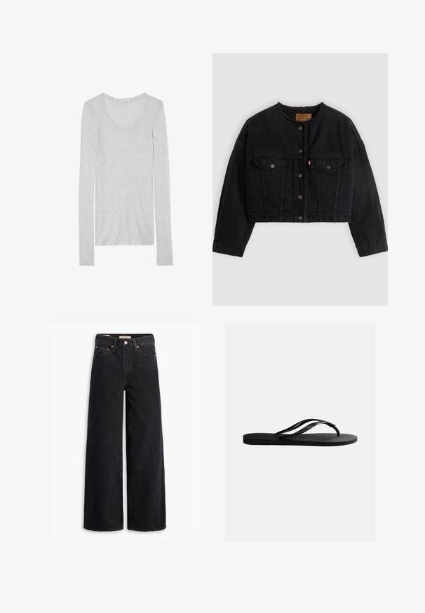 Schwarze kurze Jeansjacke mit vorderen Druckknöpfen, zwei Brusttaschen und weichem Fleecefutter, das am Kragen und an den vorderen Kanten sichtbar ist.; Langärmliges, hellgraues T-Shirt aus weichem Stoff mit U-Boot-Ausschnitt und schmaler Passform. Hat eine minimale Textur und keine Muster.; Schwarze weite Jeans aus Denim mit fünf Taschen, Kupferrivets und einem klassischen Knopfverschluss. Glatte Textur mit einem klaren Design.; Schwarze Gummizehensandale mit strukturiertem Fußbett und dünnen, Y-förmigen Riemen vor einfachem weißem Hintergrund.