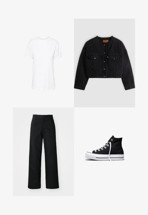 Veste courte en denim noir avec boutons pression à l'avant, deux poches poitrine et une doublure polaire douce visible au col et aux bords avant.; T-shirt en coton blanc avec des manches courtes, un col rond et une coupe décontractée, offrant une texture lisse et sans motifs visibles.; Pantalons larges noirs avec un devant plat, une fermeture à bouton et des passants de ceinture. Fabriqués en tissu durable avec une texture lisse.; Baskets montantes en toile noire avec semelle en caoutchouc blanche et lacets blancs, vues de côté sur un fond blanc.