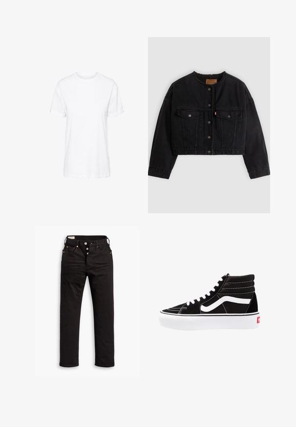 Sort cropped denimjakke med frontknapper, to brystlommer og blødt fleecefor synligt ved kraven og forkanterne.; Hvid bomulds t-shirt med korte ærmer, rund hals og en afslappet pasform, med en glat tekstur og uden synlige mønstre.; Sorte lige jeans med knaplukning, front- og baglommer samt kobbernitte detaljer på en hvid baggrund.; Sorte høj-top sneakers med hvide snørebånd, et hvidt logo og kontrasterende hvid syning. Har en tyk hvid sål og struktureret ruskindsoverdel.