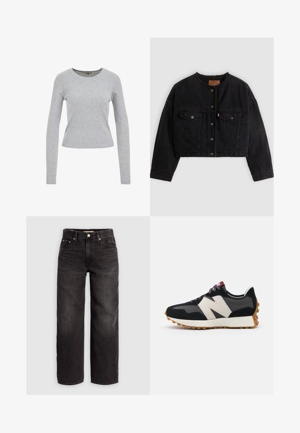 Chaqueta corta de mezclilla negra con botones a presión en la parte frontal, dos bolsillos en el pecho y forro suave de forro polar visible en el cuello y los bordes delanteros.; Camisa gris de manga larga hecha de una mezcla de algodón texturizado, con un escote redondo y una forma ajustada. Sin patrones ni adornos visibles.; Levi's® BAGGY DAD - Vaqueros baggy - shrink up; Zapatillas de ante negras y grises con un gran logo "N" en color crema, cordones morados y una suela de goma texturizada en color marrón.